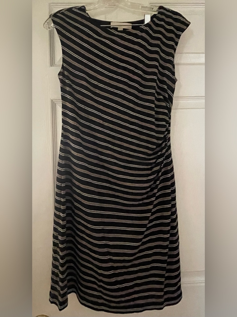 LOFT Dark Navy and White Striped Midi Sheath Dress
